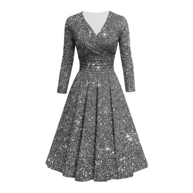 Offre à Durée Limitée Iumwxz Robe à Col en V à Manches Longues pour Femmes Tunique Robe de Performance Robe à Imprimé Brillant Robes Longues pour Femmes Robe Ample et Fluide pour la Rue