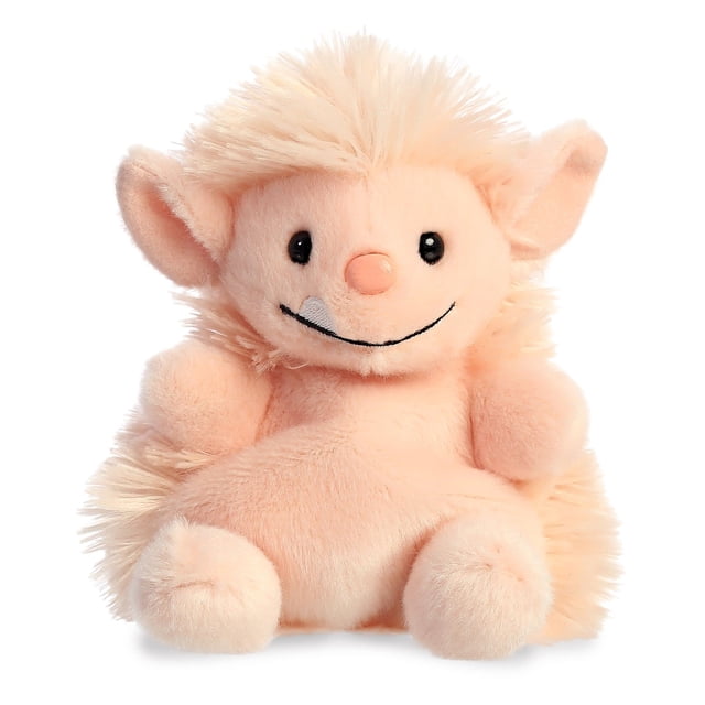Aurora - Palm Pals - 5" MOH Ogre plush toy in a soft pink color, made from high-quality polyester material. This 5-inch stuffed toy features a fluffy texture, a smiling face with black eyes, a small white tooth, and bean pellets for added stability. Suitable for all ages, it measures 4 inches in height, 3.5 inches in length, and 3 inches in width.