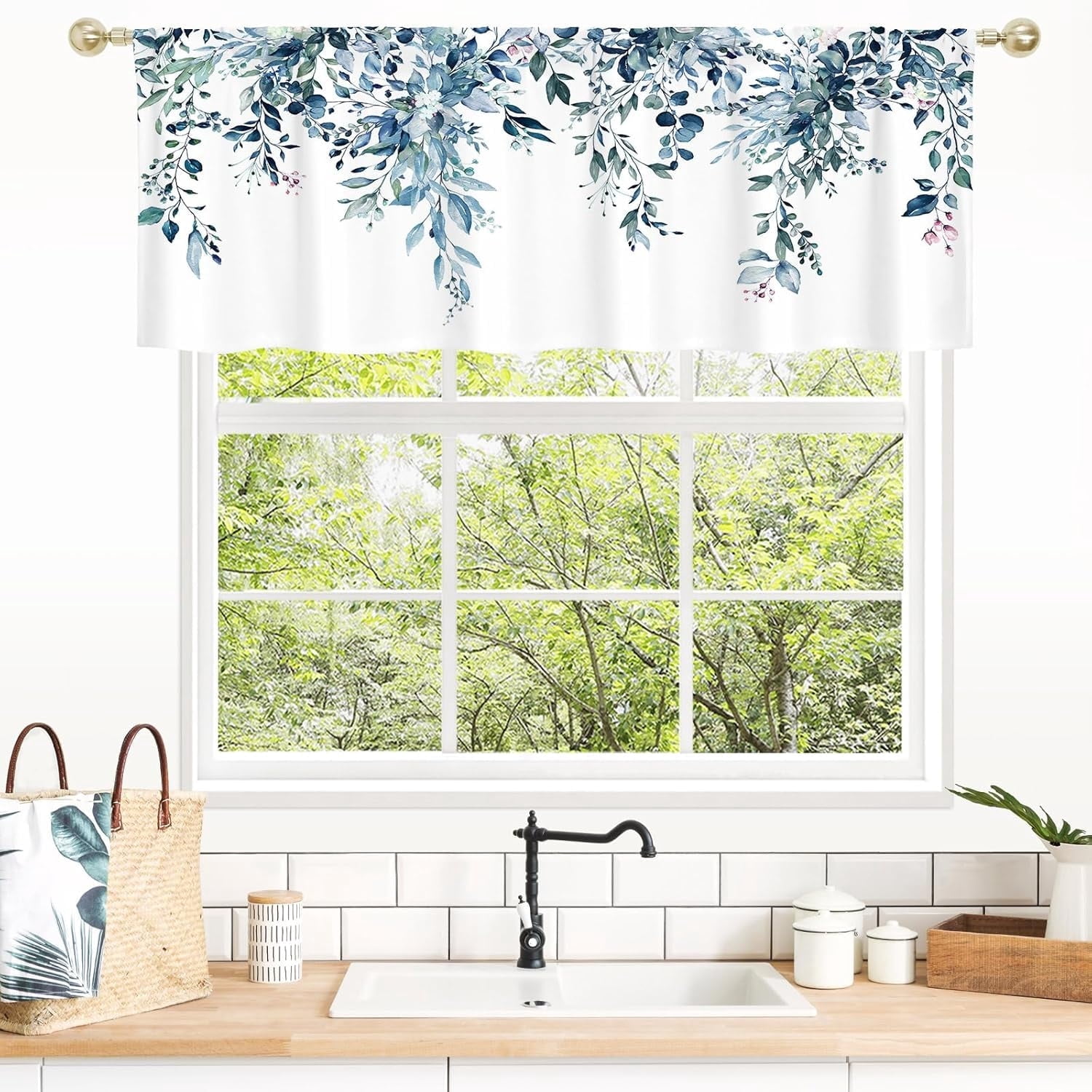Green Kitchen Curtains Valances, Eucalyptus Leaves Pattern Semi Sheer Kitchen Valances for Living Room, Watercolor Botanical Rod Pocket Short Window Treatment Decor, 52x18