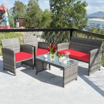 Costway 4PCS Patio Rattan Conversation Table en verre Top Canapé Coussiné Rouge