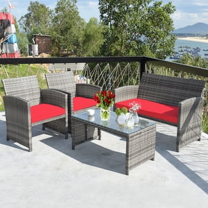 Costway 4PCS Patio Rattan Conversation Table en verre Top Canapé Coussiné Rouge