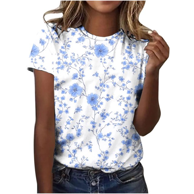 Pisexur Hauts d'Été pour Femmes, Blouses Habillées Décontractées pour Femmes Hauts à la Mode Chandail Décontracté Imprimé Manches Courtes Col Rond, Grande Taille pour Femmes Multicolore, TG