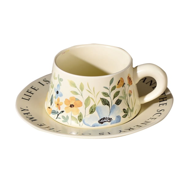 85oz Chinese Floral Ceramic Coffee Cup Set Style White Orange Porcelain Tea Mug