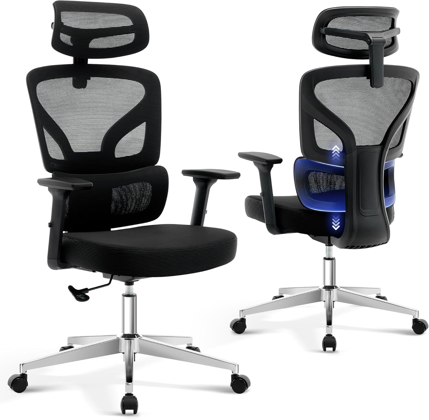 Ergonomic Office Chair - Breathable Mesh with Lumbar Support 3D Armrests and Headrest - Swivel Home Office Chair Black