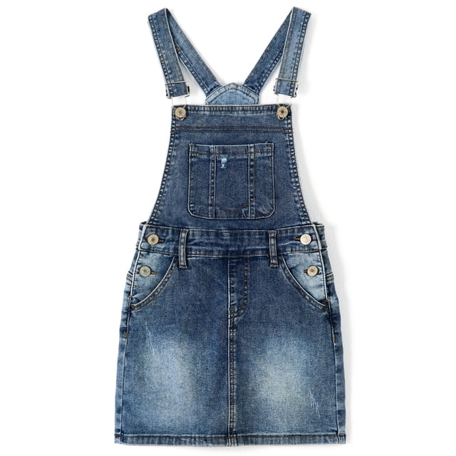 KIDSCOOL SPACE Baby Little Girls Skirt,Ripped Soft Strechy Denim Girls Summer Overalls Dress,Deep Blue,12-18 Months