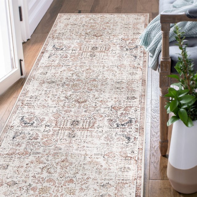 RUGKING Distressed Floral Runner Rug 3x10 Red Multi Flodable Vintage Carpet Non Slip Runner Rug For Hallways Entryways Kitchen Bathroom