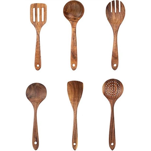 Cooking Tool Sets Teak Solid Wood Kitchenware Set with six wooden utensils, including spatulas, soup spoons, and rice spoons. Crafted from natural teak wood, these eco-friendly, non-stick kitchen tools are lightweight, durable, and lacquer-free. Designed with long handles and hanging holes for easy storage, they are ideal for home, restaurant, and kitchen use. Perfect for various cooking surfaces and safe for hot surfaces.