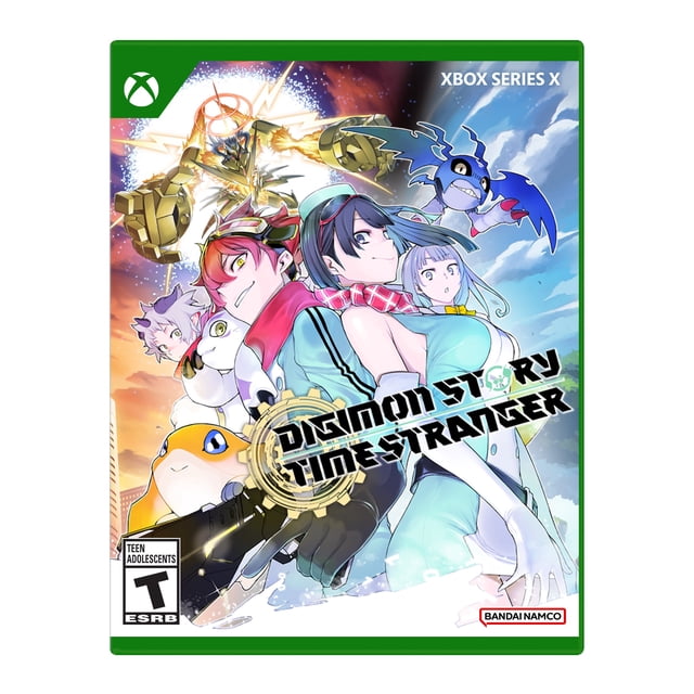 Digimon Story Time Stranger Xbox game cover featuring anime-style characters and diverse Digimon in dynamic poses with a vibrant sky background, emphasizing its RPG and turn-based battle gameplay, Xbox Series X branding, and Bandai Namco logo.
