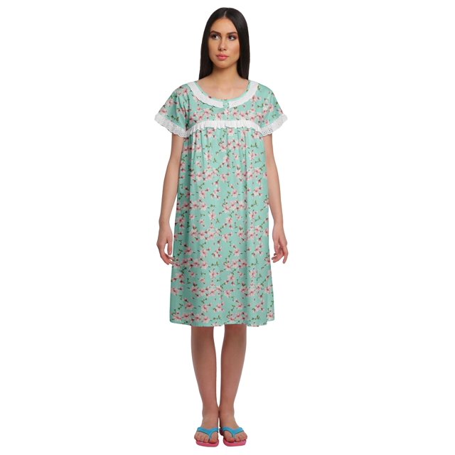 Moomaya Short Sleeve Nightdress For Ladies Printed Button Placket Nightwear
