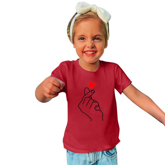 LSLJS T-Shirt à Manches Courtes à Col Rond pour Filles T-Shirts en Coton de Sport pour Enfants Mode Mignon T-Shirt Imprimé de la Saint-Valentin Haut à Manches Courtes Cadeaux pour Enfants