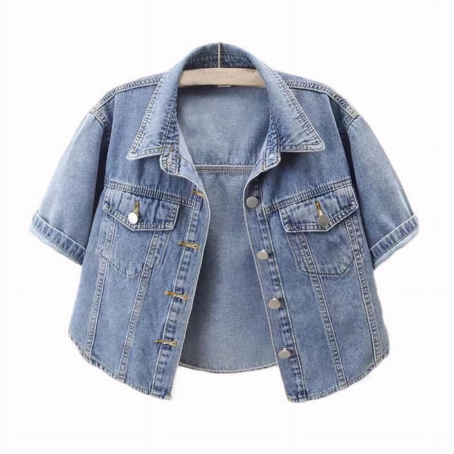 EQWLJWE Spring Saving!Cropped Denim Jackets Cardigans For Women ,Womens Short Sleeve Short Denim Jacket, Summer Classic Lapel Button Down Cropped Trucker Jean Jackets Coats