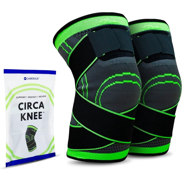 HAHDAXIA Circa Knee Sleeve, a pair of compression knee sleeves designed for optimal knee support and pain relief for both men and women. The sleeves feature a black and neon green design with adjustable Velcro straps for a secure fit. Made from lightweight, breathable neoprene material, these knee braces provide full range of motion and anti-slip stability, suitable for running, weightlifting, and various sports. Includes packaging labeled 'Caresole Circa Knee' with supportive text.