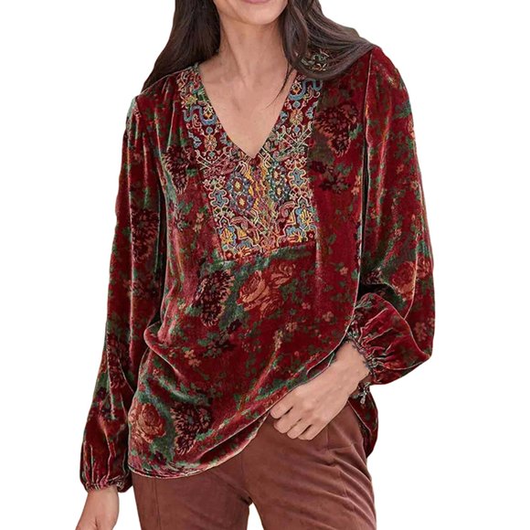 Women's Long Sleeve T-Shirt Clearance Items Women Blended Fabric Shirts Womens V Neck Floral Print Velvet Shirt Casual Long Sleeve Top Blouse Oversized Boho Embroidered Tunic Shirts