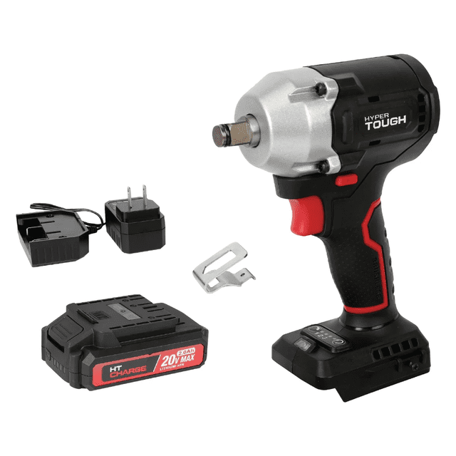 Hyper Tough Clé d'Impact Compacte Sans Balais 20V Max de 1/2 Po, Vue Centrée aux Trois Quarts de l'Outil Sans Fil à Poignée de Pistolet avec Boîtier de Moteur Sans Balais, Enclume de 1/2 Po et Pince pour Courroie, Lampe de Travail DEL Intégrée et Batterie Intégrée de 2,0 Ah; Couple de 350 Pi-Lbs (475 Nm), Commandes Électroniques à 3 Vitesses, 3,5 Lb (1,6 kg).