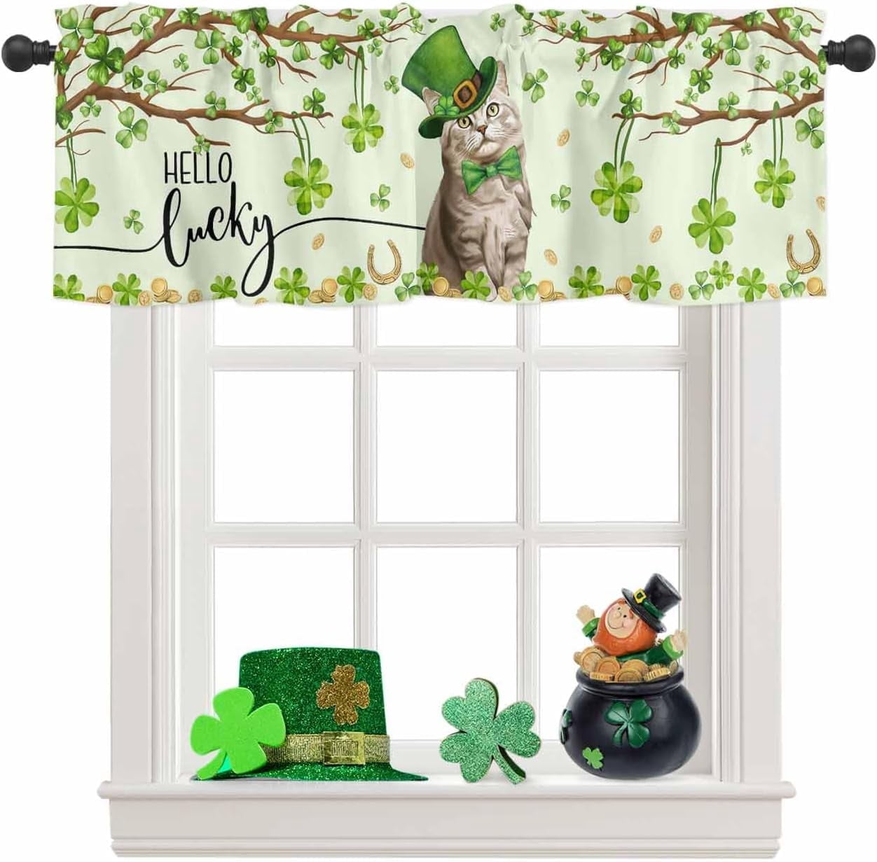 Lucky Cat St. Patrick''s Day Kitchen Curtains Valances for Windows Green Spring Shamrocks Tree Rod Pocket Window Treatment for Kitchen/Living Room/Bedroom/Bathroom, 54" X 18",