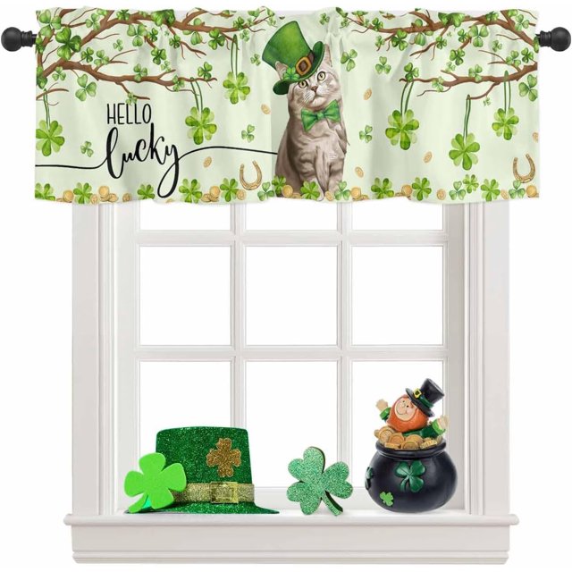 Lucky Cat St. Patrick''s Day Kitchen Curtains Valances for Windows Green Spring Shamrocks Tree Rod Pocket Window Treatment for Kitchen/Living Room/Bedroom/Bathroom, 54" X 18",