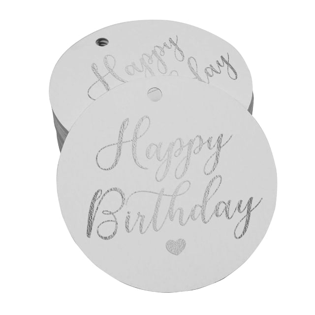 Inkdotpot 50 Pack Happy Birthday Favor Paper Tags Craft Real Silver Foil Hang Tags