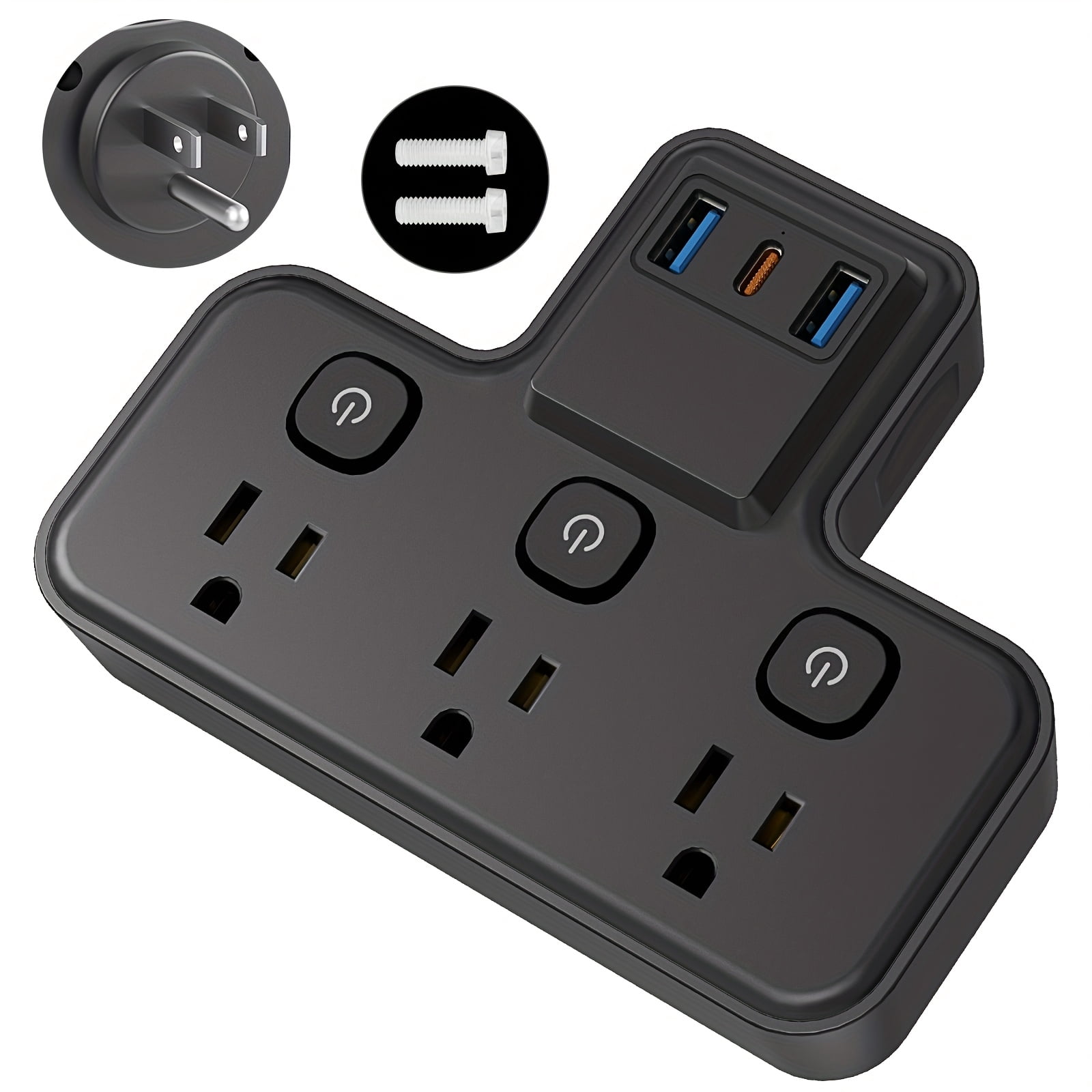 A Six-In-One Surge Protector Power Strip with a 20W USB-C PD And Two USB-A Ports, Featuring Multiple Outlets, Wall-Mountable Design, Overload Protection,