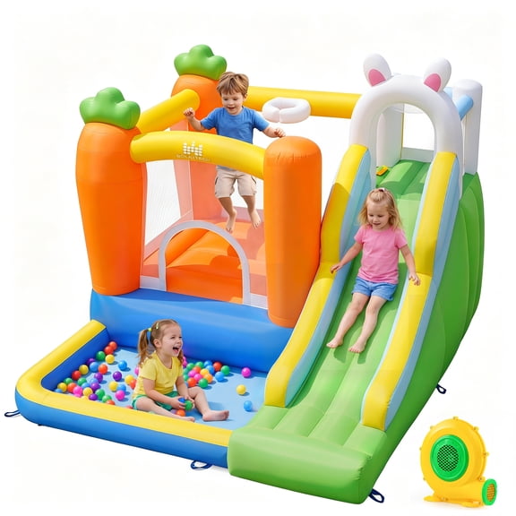 Costway Inflatable Bounce House, Kids Bouncy Castle, Blow Up Water Slide with Ball Pit & Basketball Hoop for Backyard Outdoor Party Play (With 370W Blower)