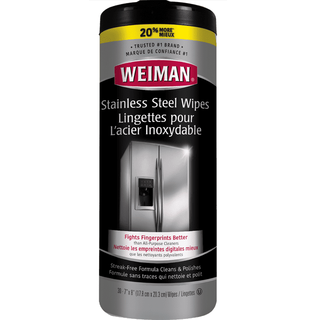 Weiman Stainless Steel Cleaner and Polish Wipes canister with 30 wipes, black and gray packaging with yellow top label, featuring bilingual English and French text. The wipes clean, polish, and protect stainless steel appliances like refrigerators and sinks with a streak-free formula that fights fingerprints better than all-purpose cleaners, ideal for household cleaning cloth use.