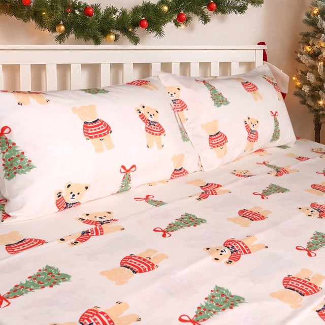 Gogreen 4PC Queen Christmas Sheet Set Deep Pocket Fit 16", Breathable Microfiber Soft Queen Sheet Set Warm Sheets, Luxury Hotel Style Christmas Decor Queen Bed Sheet Set, Christmas Gift