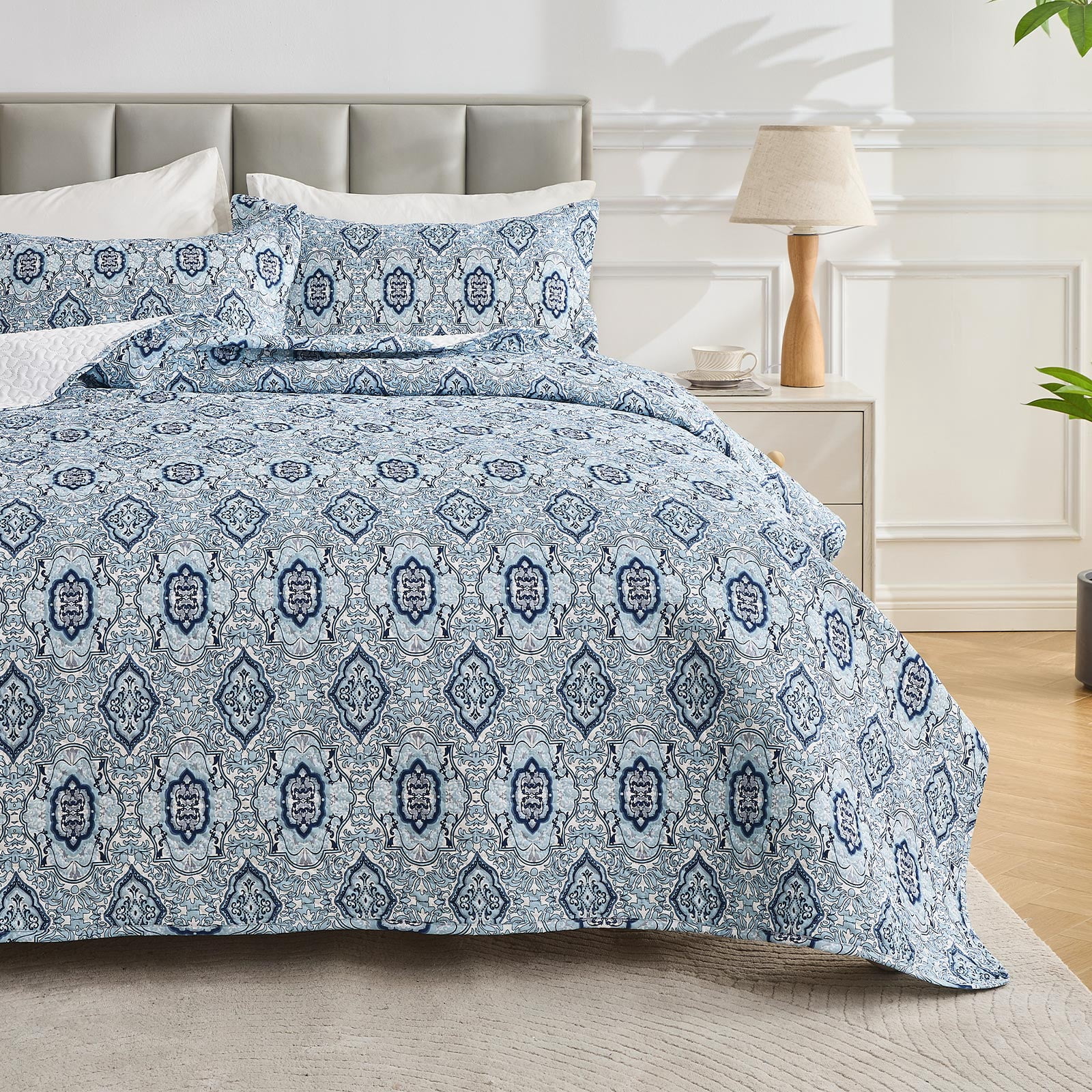 Hitime Luxury Printed Quilt Set Queen Size, Lightweight Comforter Set, Oversized Bedspread Coverlet Quilted Bedding Set, with 2 Matching Pillowcases, for All Season
