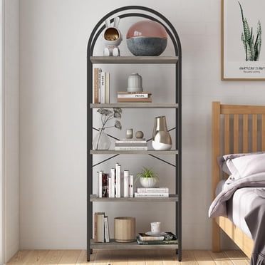 GloryStar 71-Inch Five-Tier Arched Display Rack, Industrial Metal Bookshelf with Adjustable Feet, Large Storage Shelf for Living Room or Office