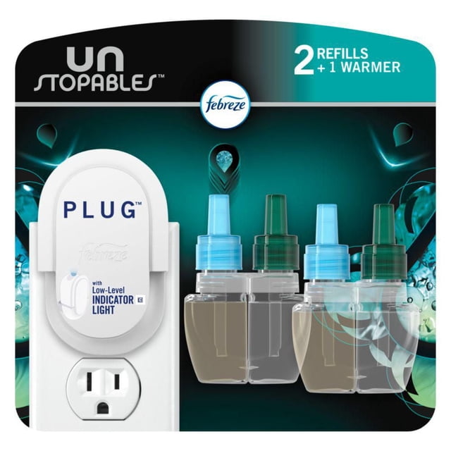 Febreze Plug In Air Freshener starter kit with white plug-in warmer featuring low-level indicator light and two Unstopables scented oil refills with blue and green caps, using Fade Defy technology to fight odors and deliver continuous fresh scent in home air fresheners.