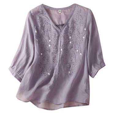 Women's Short Sleeve T-Shirt Clearance Items Miss Fiber T-Shirt Women's 2025 Summer New Artistic Loose Fitting Thin Cotton and Linen Embroidered V Neck Five Quarter Sleeve T Shirt Women's Shirt Tops
