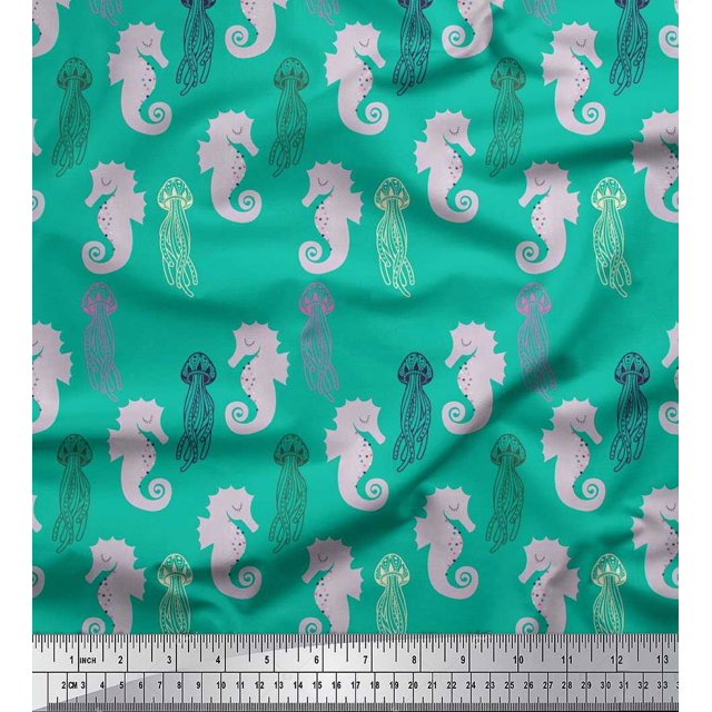 Soimoi Poly Crepe Fabric Jellyfish & Seahorse Ocean Print Fabric by Yard 52 Inch Wide