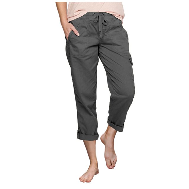 Cargo Pants Women Plus Size Casual Solid Color Comfy High Rise Pants for Women Fashion Loose Fit Daily Wide Leg Drawstring Lightweight Party Vacation Beach Pants with Pocket(Dark Gray,S)