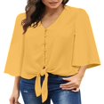 thumbnail image 4 of CHUANK Women‘s Button Down V Neck Tops Ruffled 3/4 Sleeve Tie Knot Front Blouses White Sizes S-2XL, 4 of 5