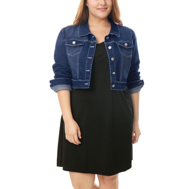 GRACE & GRANDEUR Women's Plus Jean Jackets Button Down Denim Bomber Jacket