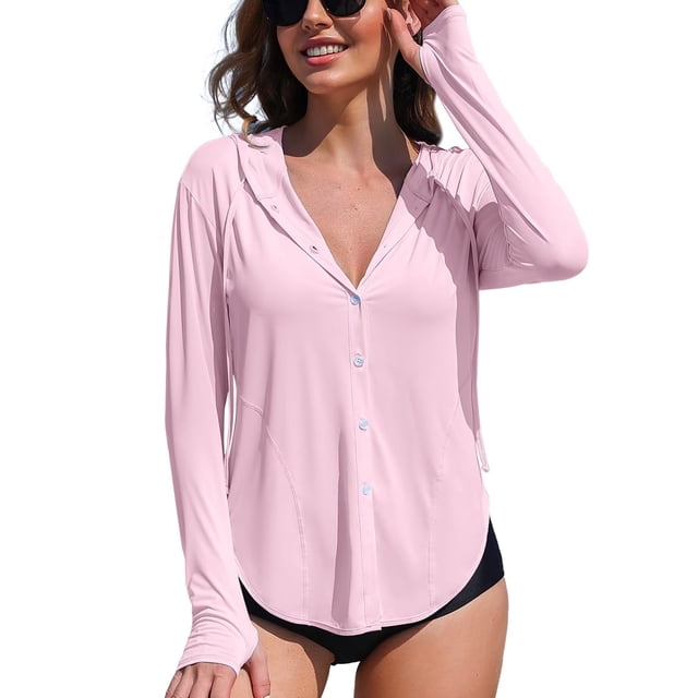 Charmo Women's Hooded Long Sleeve Rash Guard UPF 50+ Zipper Swimwear Shirts with Pockets