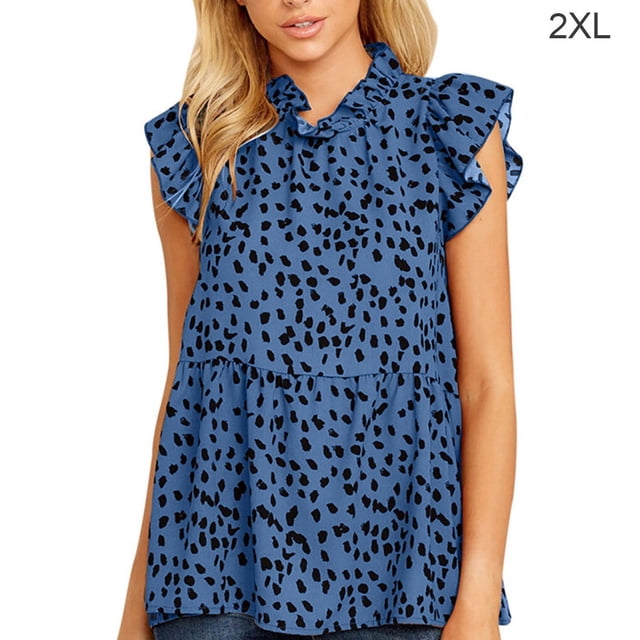 Maoww Chemise pour Femme, Blouse Sans Manches à Volants, Haut Imprimé à Col Claudine, Bleu, TTG