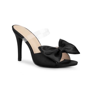 BLISSFUL STEP Women's Clean Strap Bow Stiletto Heels Mules Slide Sandals Black (Size 9)