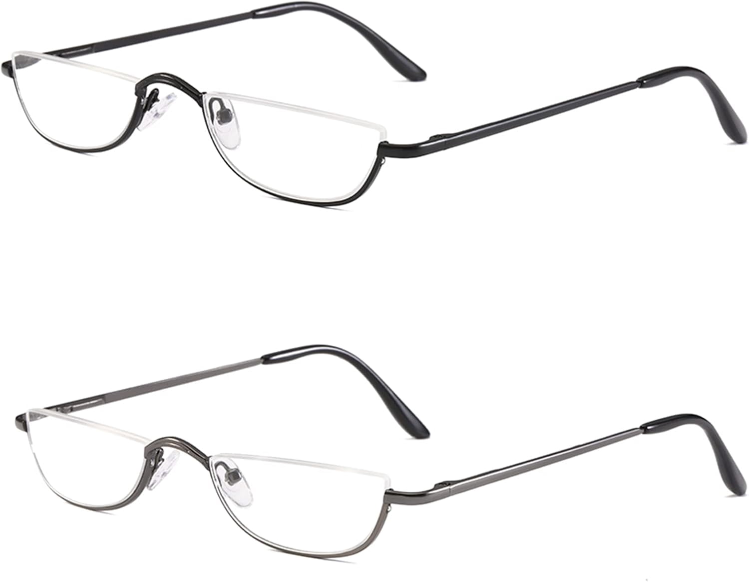 Half Reading Glasses - 2 Pairs Half Rim Metal Frame Glasses Spring Hinge Readers for Men and Women, Black+Gunmetal 2.50