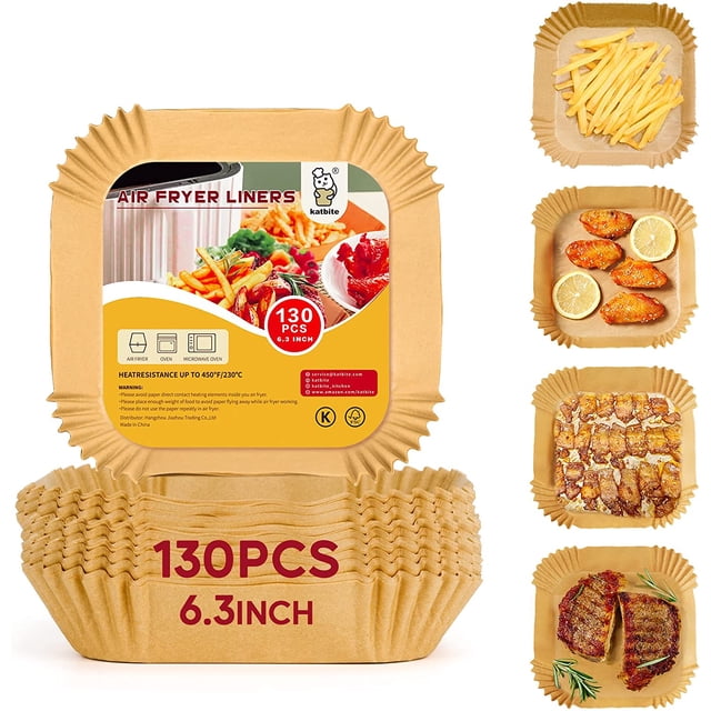 Katbite 6.3 Inch 130PCS Square Disposable Air Fryer Paper Liners, shown in a stack with a close-up of the packaging highlighting heat resistance up to 450°F. The unbleached, non-stick, and oil-proof parchment paper liners are displayed in use with various foods like fries, chicken wings, and baked goods. Designed for 3-5QT square air fryer baskets, these liners are also suitable for ovens, microwaves, and steamers.