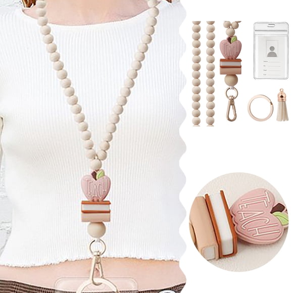 &Craft&Stationery Teacher Lanyard With ID Holder Fashion Wood Beaded Lanyard For Keys Boho Breakaway Lanyard For Women Excluding Paper Cards