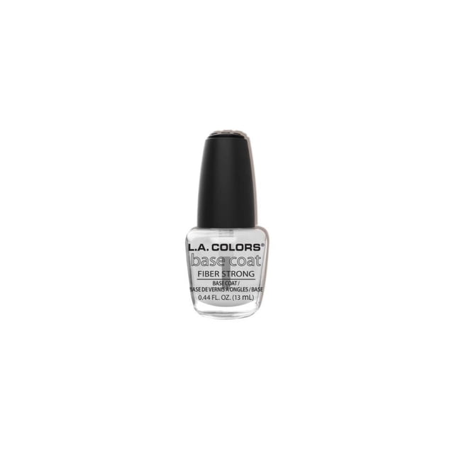Base Coat Fiber Coat by L.A. COLORS, a clear 13 ml nail polish bottle with a black cap, formulated to protect nails from staining, strengthen, and hydrate, ideal as a manicure base and for regular nail care.