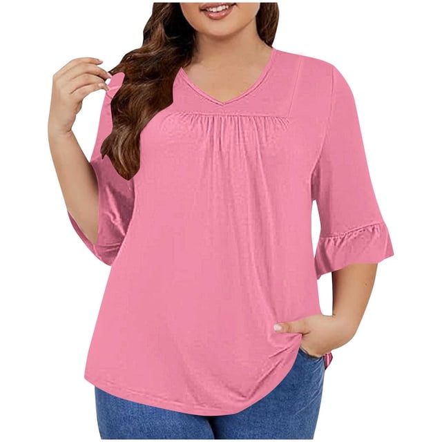 Timegard Hauts Grande Taille pour Femmes Col en V Froncé à Volants Manches 3/4 T-Shirts Confortables Décontractés Amples