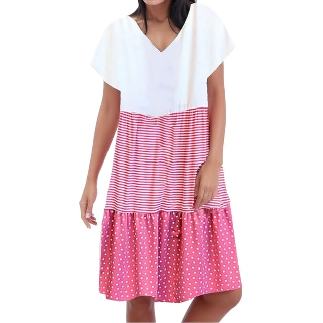 Kcodviy Femmes Décontracté Ample à Rayures Femmes Robes Maxi Été à Pois Patchwork Col en V Court Dames Robes d'Été Manches Robe