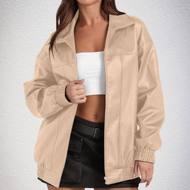 EGNMCR Long Sleeve Hoodless Faux Leather Outwear & Jackets Women's Solid Flip Collar Fall And Winter Long Sleeve Fashion Leather Jacket Coat Women Polyester Tops