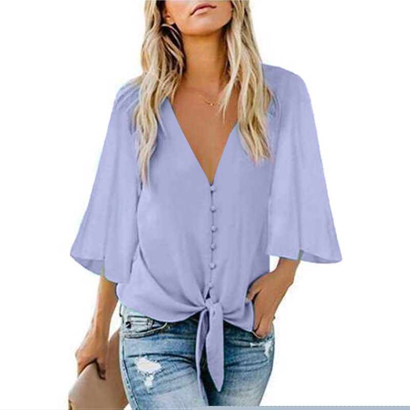 thumbnail image 1 of Women's V Neck Tops Ruffle 3/4 Sleeve Tie Knot Blouses Button Down Shirts - PURPLE, 1 of 2