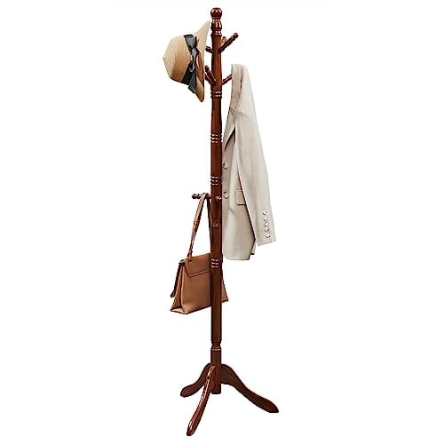 VASAGLE Portemanteau, Portemanteau en Bois Massif, Arbre à Manteaux Autoportant pour Hall avec 10 Crochets, Noyer Foncé URCR03WN