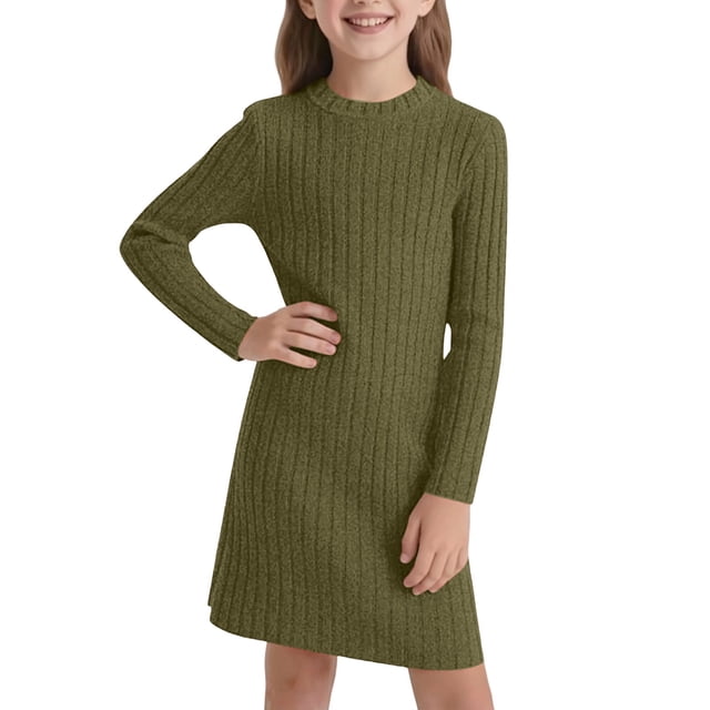 HXWCHs Robe d'École pour Filles Robe Moulante Ajustée pour Filles Hiver Chaude Extensible Col Roulé Manches Longues Tenue Décontractée pour Tout-Petits et Enfants avec Vert Doux 11-12 Ans