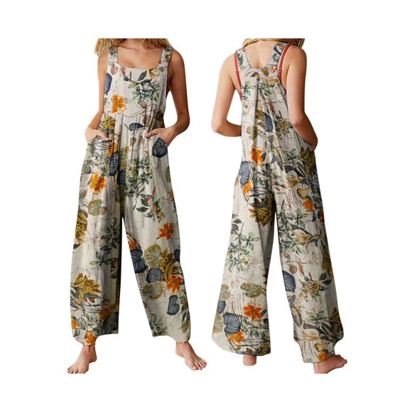 SAYOO Robes pour Femmes Combinaison d'Été Feuille Florale Encolure Carrée Sans Manches Combinaison Décontractée Robe d'Été Ample Robes pour Femmes Aguichant Sans Manches Robe Débardeur à Imprimé Vintage