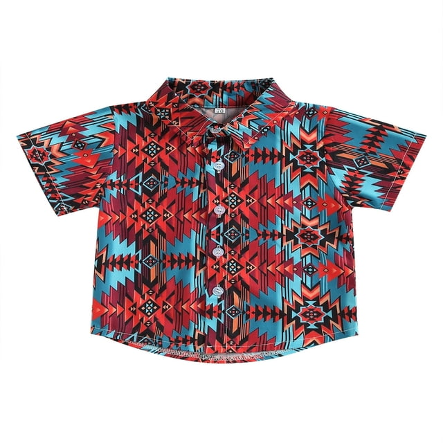 Chemises d'Été pour Tout-Petits Garçons, Style Gentleman, à Boutons, Manches Courtes, Imprimé Géométrique, Hauts Décontractés, T-Shirt, Rouge, 3-4 Ans