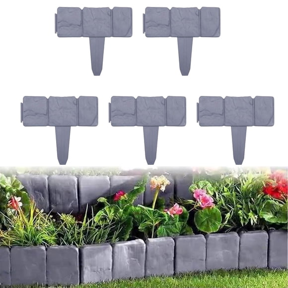 cpengpj 5-Pack Gray Plastic Garden Picket Fence with Ground Spikes, Edging for Flowerbeds Lawn Borders, Decorative Weather Proof Panels, Easy Assembly Portable