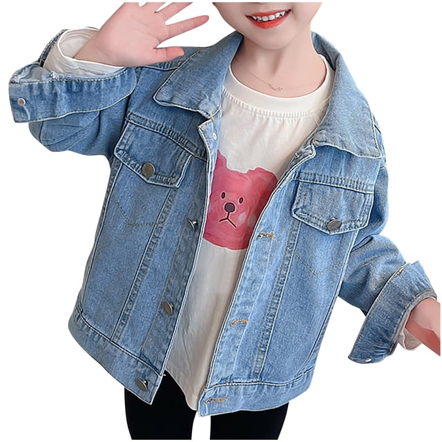 Lovzfmll Girls' Bow Detail Denim Jacket, Button Front Collared Style, Casual & Designer Look for Little Girls, 5 Years
